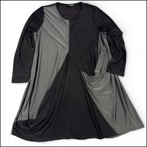 SUN KIM Black Grey Colorblock Dress L Lagenlook Draped USA Artsy Avant Garde Lux